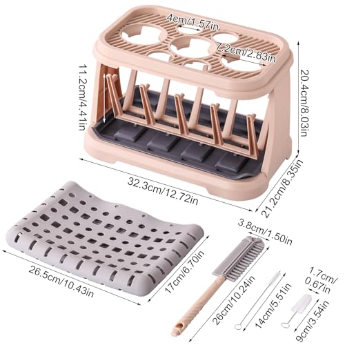 Baby Bottle Drying Rack with Brush & Dishwasher Basket - Space Saving Standing Drying Rack for Baby Bottles, Pump Parts & Accessories, Compact Organizer Holds Up to 8 Bottles (Pink Lotus Root) - color: （pink Lotus Root）
