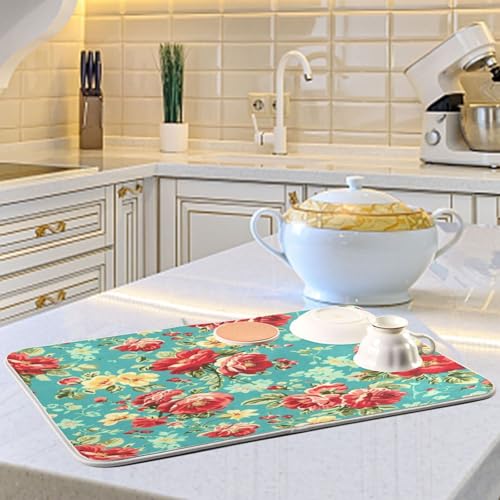 Kcldeci Dish Drying Mat Kitchen Drying Pad Pink Red Rose Flower Dish Draining Mat Dish Rack Drainer Pad 16 x 18 - color: Rose, size: 16x18in