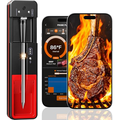 Smart Bluetooth Wireless Meat Thermometer Digital, 6 Accuracy Sensors, 0.5S Instant Read Food Thermometer, 2-in-1 100H Battery Fast Charge Base, APP Control & Custom Menu for BBQ, Grill, Smoker, Oven