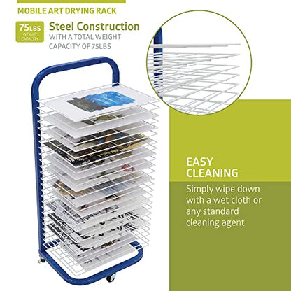 Pearington 25-Shelf Mobile/Wall Mountable Art Drying Rack for Art Studios & Classrooms, 13" D x 17.5" W x 39.4" H, Blue/White - color: Blue, size: 25 Shelves
