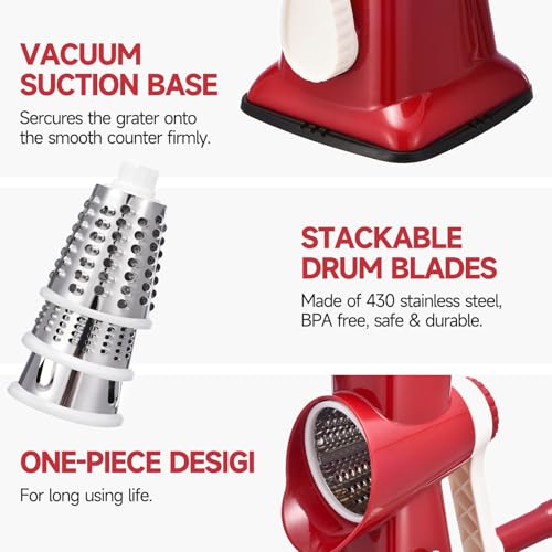 Rotary Cheese Grater with Handle Kitchen Shredder Slicer Grater Slicer Ice Shaver Cheese Vegetable Nuts Potato Zucchini Chocolate 3 Interchangeable Blades (RedWhite) - color: RedWhite