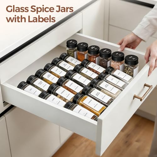 ComSaf Glass Spice Jars with with Labels 4 oz 24 Pack Small Square Bulk Set | Empty Containers, Seasoning Herb Powder, Salt Pepper Chili, Spice Rack Organization, Kitchen Cabinet Storage, Funnel Included - color: Metal Black Lids
