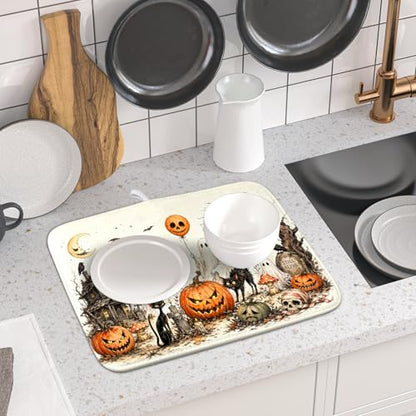 Giwawa Halloween Pumpkin Ghost Dish Drying Mat Black Cat Microfiber Dishes Pad 16x18 Inch Holiday Dish Drainer Rack Mats for Kitchen Counter Sink - color: Pumpkin Ghost, size: 16x18 inch