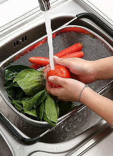 Fine Mesh Colander Over The Sink 6 Quart Stainless Steel Strainer Basket | Expandable Rubber Grip Handles - Strain, Drain, Rinse Fruits, Vegetables