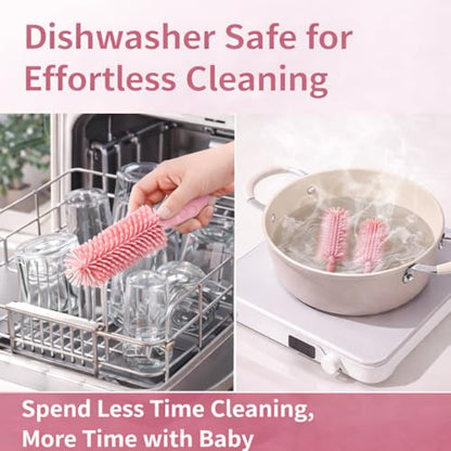 Travel Bottle Cleaner kit, 7in1 Baby Travel Gear Essential Silicone Travel Bottle Brush Set Nipple Drying Rack, Straw Breast Pump Cleaning Soap Dispenser Organizer Case Mon Gift (Pink) - color: Pink