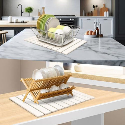 2 PCS Large Stone Dish Drying Mat for Kitchen Counter, 24"×16" Dish Drying Mat with 8"x 4" Coasters, Non - Slip Collapsible Absorbent Mat for Multi - Purpose, Match Any Countertop【White】