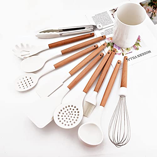 11pcs Silicone Cooking Utensils Spatula Set with Wooden Handle, White Kitchen Gadgets Set for Nonstick Cookware, Include Holder Storage Bucket. - color: Utensil Set