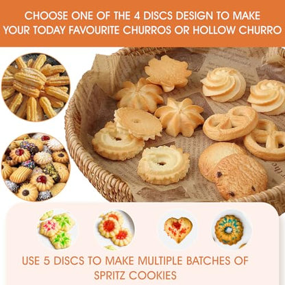 21-Piece Cookie Press Set & Churro Maker Machine – Stainless Steel Baking Gun for Spritz Cookies, Hollow Churros, and Pastry – Includes 6 Nozzles, 9 Discs, Piping Bag, and 2 Brushes