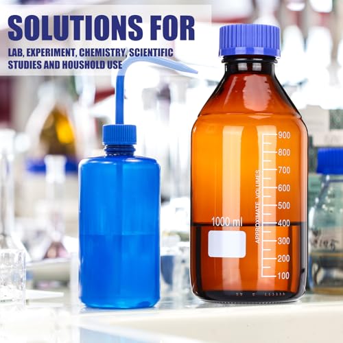 Tellegloww 6 Pieces 1000 ml Reagent Media Bottles Amber Glass Graduated Round Lab Reagent Media Storage Bottle with Blue Screw Cap - size: 1000ml