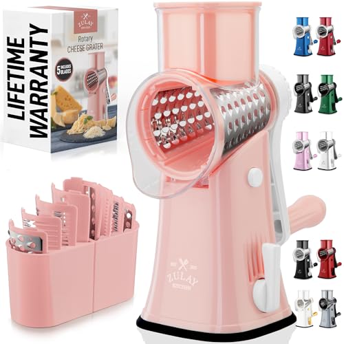 Zulay Kitchen Rotary Cheese Grater 5 Blade Cheese Shredder - Manual Hand Crank Cheese Grater With Reinforced Suction & 5 Interchangeable Drums - Easy to Use, Vegetable Chopper Round Mandoline Slicer - color: Peach & White