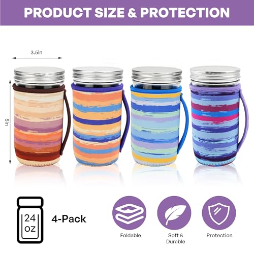 KJQJLY 4 Pcs Mason Jars Sleeves Neoprene 24oz Regular and Wide Mouth Mason Jar Sleeves Holder with Handle (rainbow, 24 OZ) - color: rainbow, size: 24 OZ