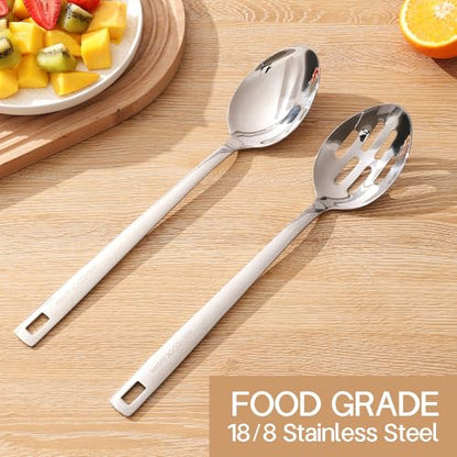 18/8 Stainless Steel Cooking Spoons Set - 2-Piece Solid Slotted Serving Spoon Cooking Utensils set for Pasta, Veggies, Salads (Dishwasher-Safe) - size: 18/8 Stainless Steel Salad Spoon Set of 2