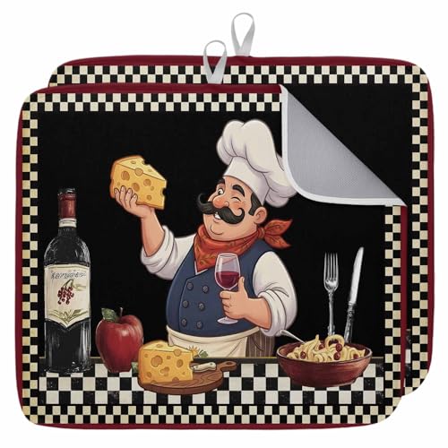 Retro Cartoon Chef Dish Drying Mat, Vintage Wine Cheese Farmhouse Traditional Black Absorbent Dish Drainer, Dish Drying Pads for Sink, Draining Rack, Kitchen Counter, Coffee Bar, 18"x24", 2PCS - size: 18"x24" (Pack of 2)