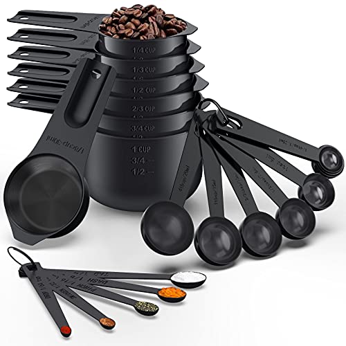 21 Pcs Stainless Steel Measuring Cups and Spoons Set, Wildone Stackable Metal Measuring Cups and Spoons for Cooking & Baking, Includes 7 Cups, 9 Spoons and 5 Mini Spoons（Black） - color: Black