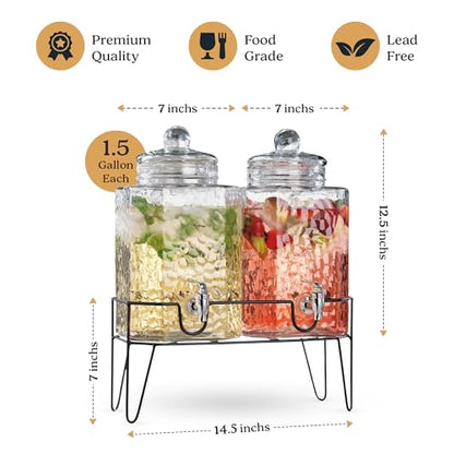 Beverage Dispensers - Set of 2 Glass Drink Dispensers with Metel Stand - 1.5-Gallon Capacity - Perfect for Lemonade, Juice, Water, Iced Tea, Punch - color: Clear