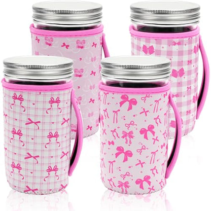 KJQJLY 4 Pcs Mason Jars Sleeves Neoprene 24oz Regular and Wide Mouth Mason Jar Sleeves Holder with Handle (Bows, 24 OZ) - color: Bows, size: 24 OZ
