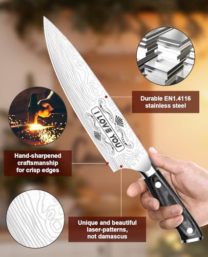 MOSFiATA Gifts for Men Women Christmas, 8" Sharp Kitchen Knife Set with Sheath Professional German EN1.4116 Stainless Steel, Chef Gifts for Best Dad Mom Birthday, Anniversary Xmas Gift Box-I Love You - style: Love chef knife