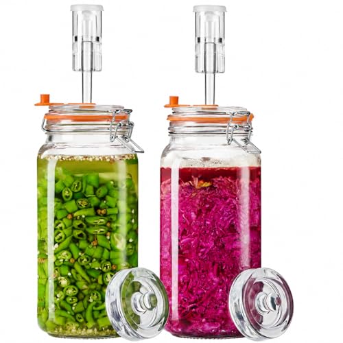 Fermentation Jars, 2L Fermenting Kit With Glass Weights, 2-Pack | Wide-Mouth 2L Glass Jar With Self-Venting Airlock, Ideal For Sauerkraut, Kimchi, Pickles And Other Homemade Ferments - size: 2 Liter