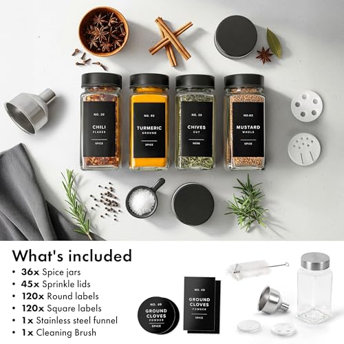 EDELHAUS Glass Spice Jars with Label, Seasoning Set, 36x Black Steel Lids | Airtight Lids keep spices fresh, Kitchen Spice Drawer Organizer, 4oz Seasoning Containers incl. Funnel, Brush & 240 Labels - color: 36x Black Lid Jars