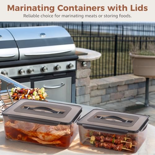 2 Pcs Brining Containers with Lids, 12.5 & 8.3 Quart, Plastic Food Storage Containers with Handles, Ideal for Grilling, Meat Marinating and Meal Prep