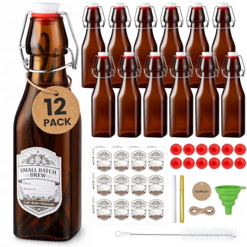 Ruckae Amber Square Swing Top Glass Bottles with Lids Kombucha Flip Top Glass Bottle for Coquito Syrup Vanilla Extract Brew Beer Kefir Air Tight Bottles for Gift (8oz 12pack) - size: 8oz 12pack