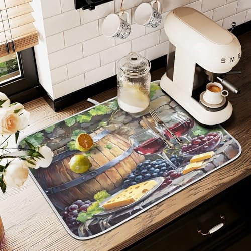 Red Wine Bottles Grapes Cheese Rustic Dish Drying Mats for Kitchen Counter Absorbent Microfiber Dish Drying Matt 16 x 18 Inch Draining Reusable Rack Pad - size: 16x18in
