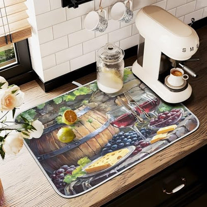 Red Wine Bottles Grapes Cheese Rustic Dish Drying Mats for Kitchen Counter Absorbent Microfiber Dish Drying Matt 16 x 18 Inch Draining Reusable Rack Pad - size: 16x18in