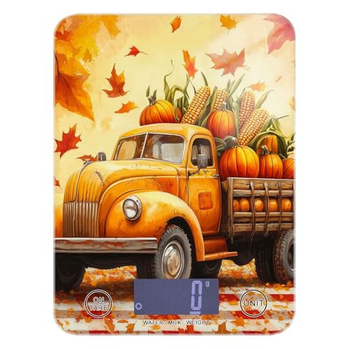 Fall Thanksgiving Pumpkin Truck Food Scale Kitchen Digital Scale Food Ounces and Grams Dieting Baking Cooking Waterproof Glass Panels LCD Display,4 Units Tare Function - color: Fall Thanksgiving Pumpkin Truck