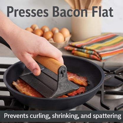 HIC Kitchen Bacon Press, Heavyweight Cast Iron, Rectangular With Wood Handle, For Stovetop Grill And Griddle - size: 6.75 x 4 x 3.25 inches, style: Rectangle