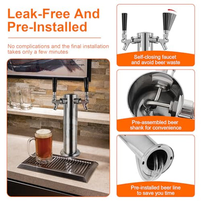 Kegerator Tower Dual Tap Beer Tower Dispenser, All Stainless Steel Beer Tap Tower Kegerator Parts, Upgraded 3" Double Tap Keg Tower with Pre-Assembled Tubing & Self-Closing Beer Faucet - size: Dual Tap Beer Tower(All Stainless Steel)