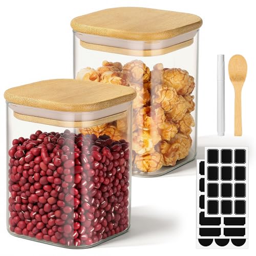 Glass Jar with Lid, 15 Fl.oz Square Glass Jars with Bamboo Lids Set of 2, Airtight Food Storage Containers for Sugar, Tea, Coffee, Candy, Cookies, Spice - Included Labels, Marker and Spoon - color: 2 Pack, size: 15 fl.oz