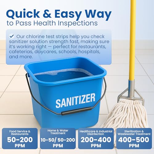 200 Chlorine Test Strips for Food Service – 0-500 ppm Bleach Sanitizer Testing Strips – Works Well with Popular Sanitizers – Ideal for Restaurants, Bars, Cafes, Food Trucks, Kitchens, Daycares & More