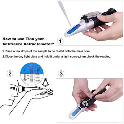 Antifreeze Refractometer - 3-in-1 Coolant Tester for Checking Freezing Point, Concentration of Ethylene Glycol or Propylene Based Automobile Antifreeze Coolant and Battery Acid Condition