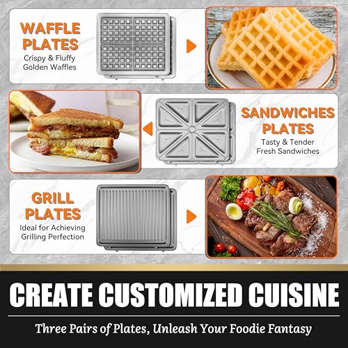 FineMade Panini Grill Press Breakfast Sandwich Maker 3 in 1, Electric Griddle Panini Press, Grilled Cheese Maker, Sandwichera Electrica, Belgian Waffle Maker with Removable Plates - style: Panini Grill Press Maker