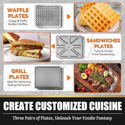 FineMade Panini Grill Press Breakfast Sandwich Maker 3 in 1, Electric Griddle Panini Press, Grilled Cheese Maker, Sandwichera Electrica, Belgian Waffle Maker with Removable Plates - style: Panini Grill Press Maker
