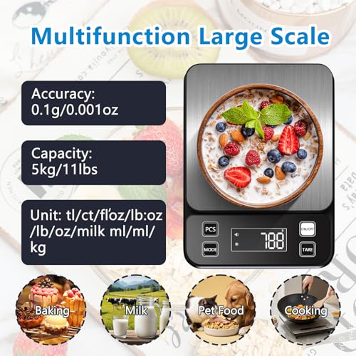 IPX7 Waterproof Food Scale 0.1g Precision Kitchen Scale, 5kg/11lb Digital Food Scale USB Rechargeable, Backlight Gram Scale Stainless Steel & Washable Digital Scale for Cooking, Baking,Weight Loss - style: IPX7_Rechargeable_5kg