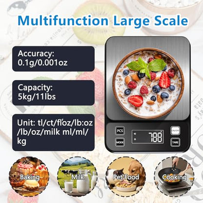 IPX7 Waterproof Food Scale 0.01oz/0.1g Precision Kitchen Scale Precisely Measures Grams and Ounces11lb/5kg Stainless Steel Digital Food Scales for Kitchen Gram Scale for Cooking, Baking - style: IPX7_battery_5kg