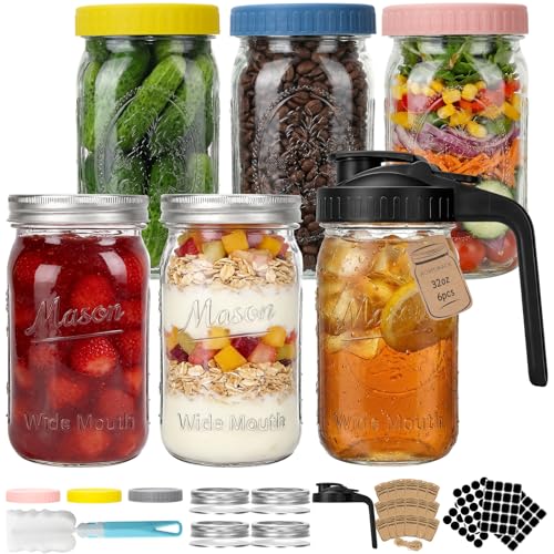 CycleMore 32 oz Wide Mouth Mason Jars with Airtight Metal Lids, 6-Pack Canning Jars with Colorful Plastic Lids & Pitcher Lid, Quart Jars for Overnight Oats, Pickling, Cold Brew, and Sun Tea