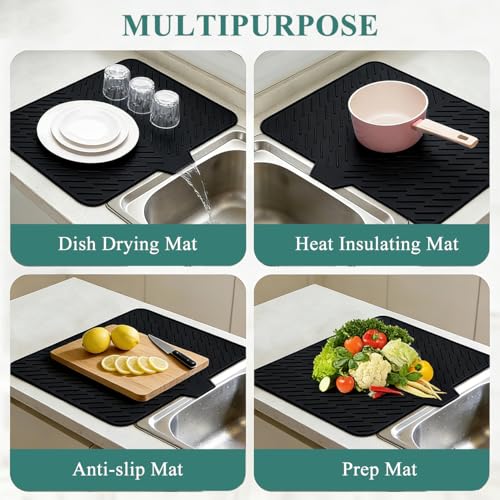 Silicone Dish Drying Mat for Kitchen Counter,23"X17" With Built-in Drain Lip,Food-Grade Silicone, Heat-Resistant Eco-friendly Hygienic Drying Mat Leak-Proof and Non-Slip, Multi-Functional Use（Black） - color: Black, size: 23" x 17"