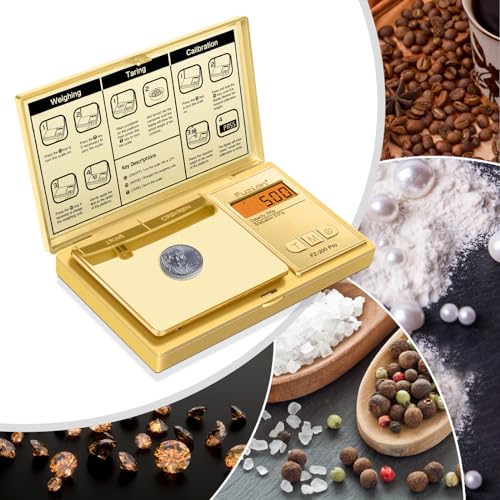 Fuzion Digital Pocket Gram Scale .01 Gram Accuracy, Gold Titanium Plating, 200g Small Digital Scale, Mini Jewelry Scale for Food, Herb, Spice, Coin - Weight Gram and Oz - 100g Calibration Weight - color: Gold, size: 200g with Cal Weight
