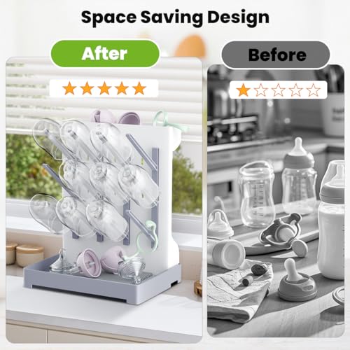 Baby Bottle Drying Rack: Vertical Space Saving Large Bottles Holder - Standing Boon Dryer Rack Baby Accessory - Countertop Holds Up to 12 Bottles & Pump Part Cleaning & Cup (Blue) (Gray) - color: Gray