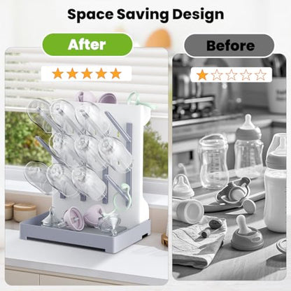 Baby Bottle Drying Rack: Vertical Space Saving Large Bottles Holder - Standing Boon Dryer Rack Baby Accessory - Countertop Holds Up to 12 Bottles & Pump Part Cleaning & Cup (Blue) (Gray) - color: Gray