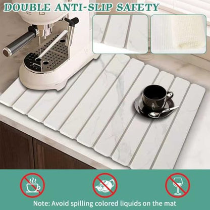 Stone Dish Drying Mat for Kitchen Counter, 24''×15'' Dishes Drying Matt Kitchen Counter, Absorbent Diatomaceous Earth Bath Quick Dry Mats for Tableware, Bottles and Cup(White Marble)