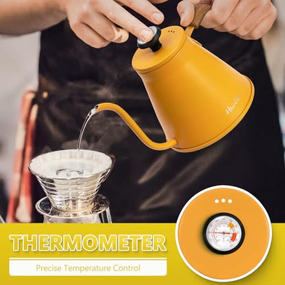 Harriet Gooseneck Kettle with Thermometer for Pour Over Coffee and Tea, 37 fl oz, Stainless Steel, Durable 3-Layer Base, Ideal Spout for Precision Pouring, Compatible with all Stove Tops, Yellow - color: Yellow