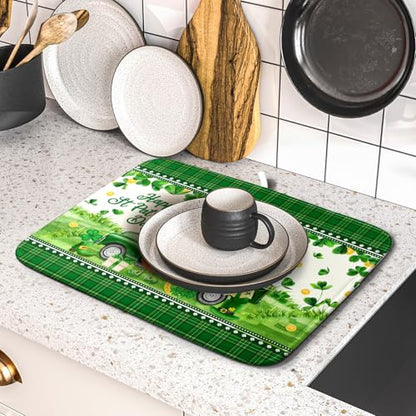 Shamrock Truck Dish Drying Mat Buffalo Check Dish Drainer Mat 16x18 inch Reversible Microfiber Quick Dry Rack Pad for Kitchen Counter Sink - color: Shamrock Truck Plaid, size: 16" x 18"