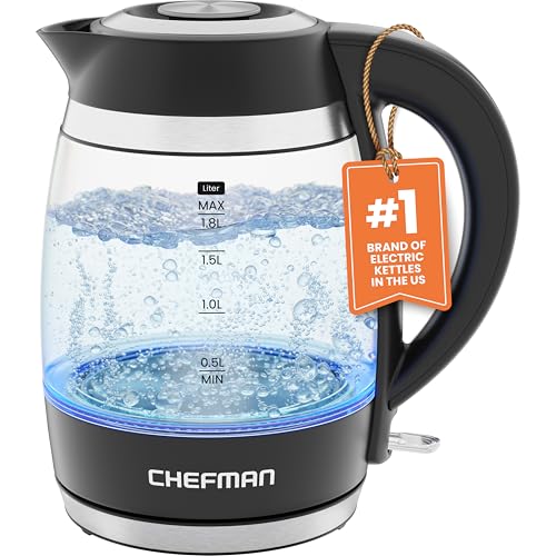 Chefman Electric Kettle, 1.8L 1500W, Hot Water Boiler, Removable Lid for Easy Cleaning, Auto Shut Off, Boil-Dry Protection, Stainless Steel Filter, BPA Free, Borosilicate Glass Electric Tea Kettle - color: Black