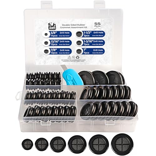 55Pcs Double-Sided Rubber Grommets kit in 6 Assorted Sizes 5/8",13/16",7/8",1",1-3/16",1-1/2"- Round & Waterproof Rubber Grommet - Ideal Solution for Wire Protection - size: 6 Sizes-55pcs
