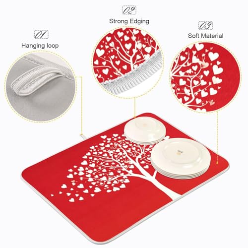 Valentine's Day Dish Drying Mats for Kitchen 16x18 inch Love Tree With Hearts Drying Pad Dish Drainer Mat Counter top Mat Dish Draining Mat L - color: Valentine, size: 16x18in