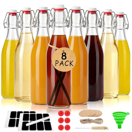 Ruckae 8 Pack 16oz Swing Top Glass Bottles with Air Tight Lids Kombucha Coquito Flip Top Glass Bottle Kefir Syrup Vanilla Extract Beer Brewing Bottles for Gift (16 oz 8 pack) - size: 16 oz 8 pack