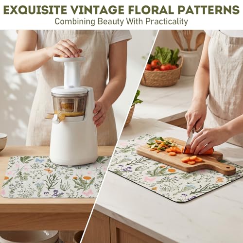 LemonRoad Dish Drying Mat for Kitchen Counter, 12"x20" Absorbent Coffee Bar Mat with Spring Floral Design, Fast-dry Diatomite Drainer Drying Mats with Non-slip Backing for Kitchen Sink Countertop - style: Floral Pattern